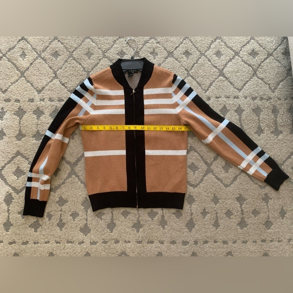 Striped Tan and Black Zip-Up Women’s Sweater - Picture 5 of 6